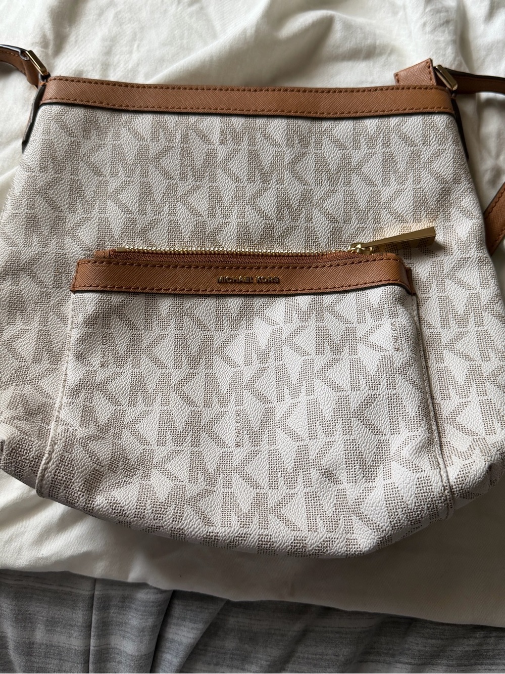 Michael Kors Beige Logo Crossbody with Brown Trim and Gold Hardware
